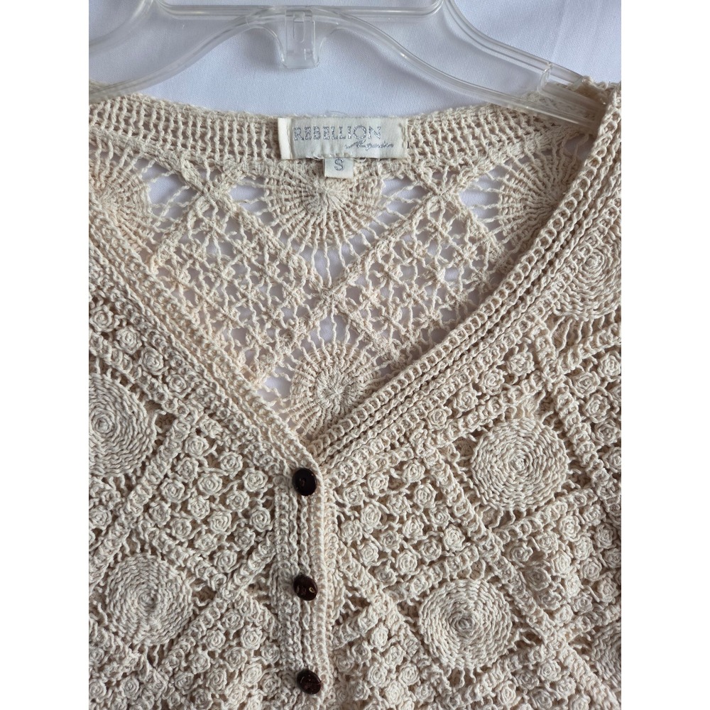 Beige Crochet V-Neck Button Crop Cardigan Sweater - Picture 3 of 7